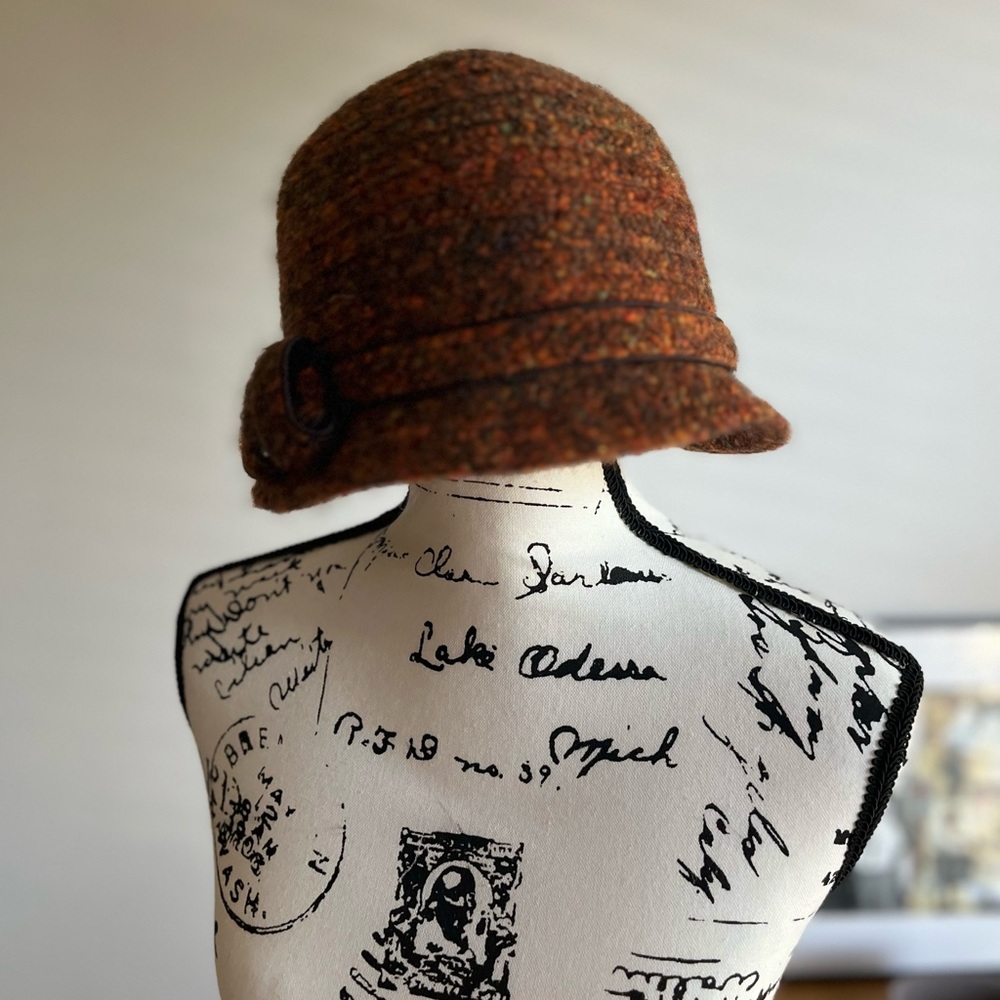 Orange & Brown Tweed Cloche Hat